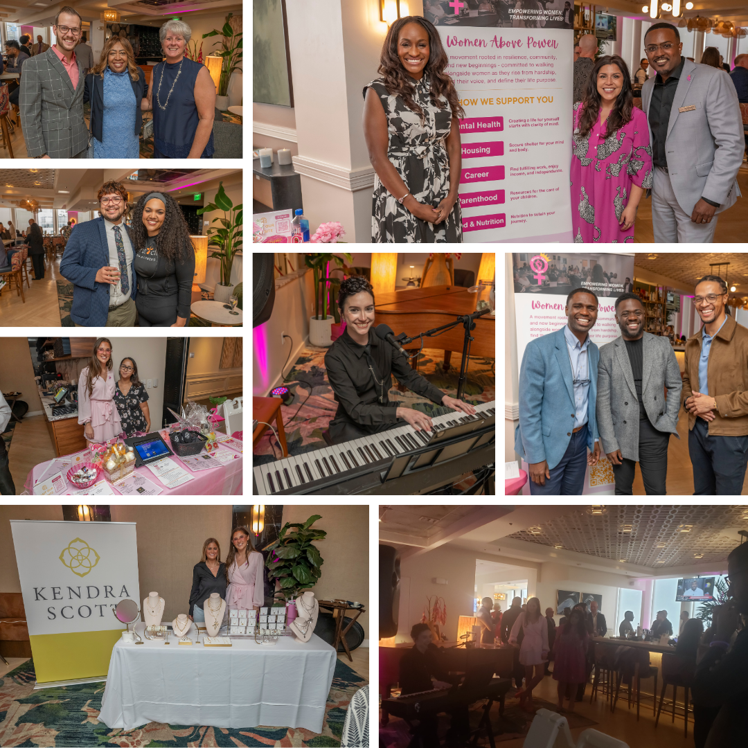 Multiple images in a collage style of smiling people at a Women Above Power event